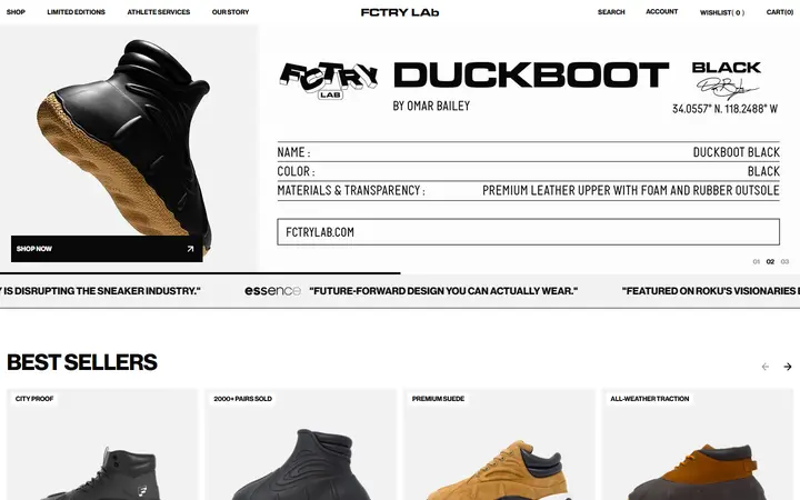 FCTRY LAb shoe brand website homepage