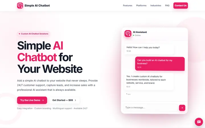 Simple AI Chatbot AI company website homepage