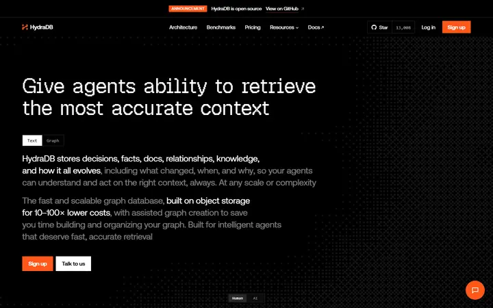 HydraDB developer tool website homepage