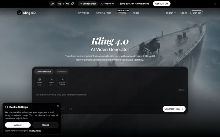 Kling 4.0 AI company website homepage