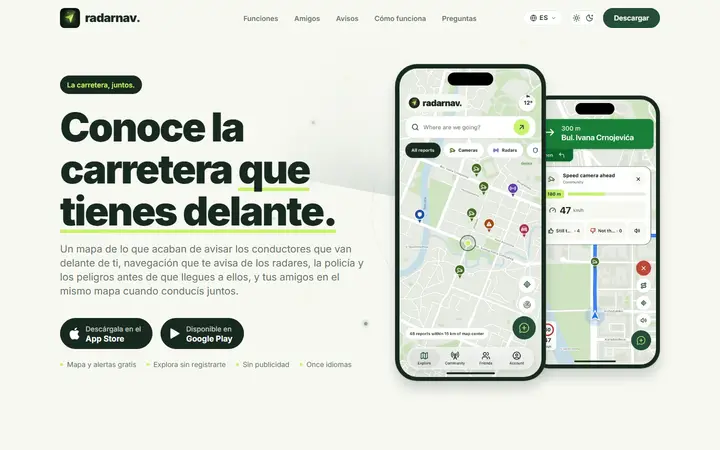 RadarNav app website homepage