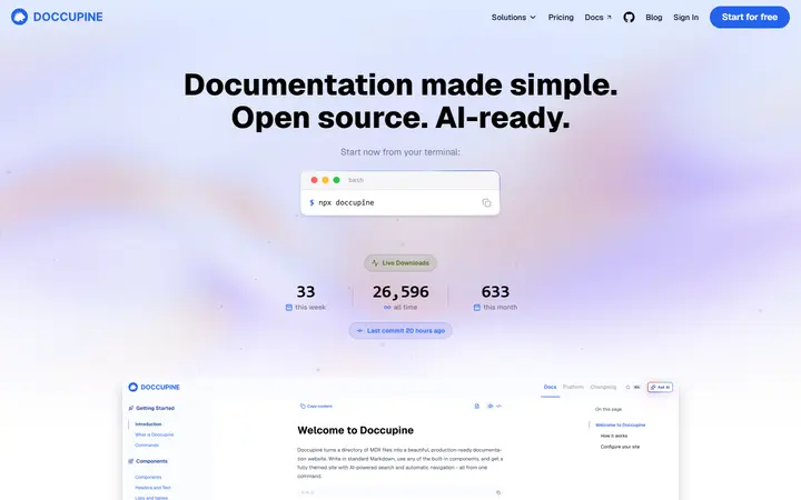 Doccupine developer tool website homepage