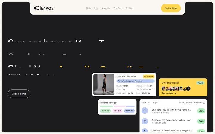Clarvos marketing software website homepage