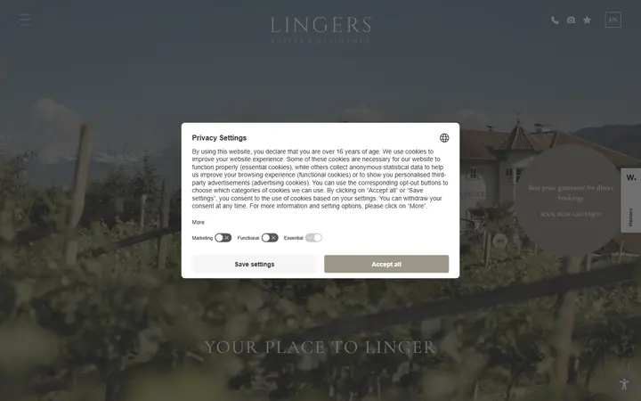 Lingers boutique hotel website homepage