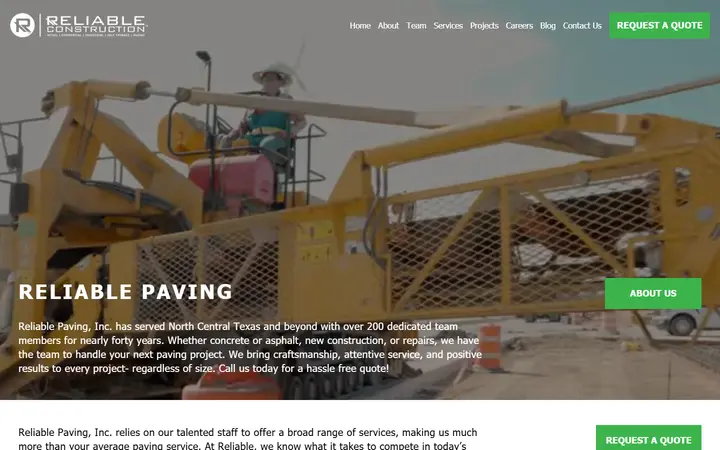 Reliable Paving, Inc. construction company website homepage