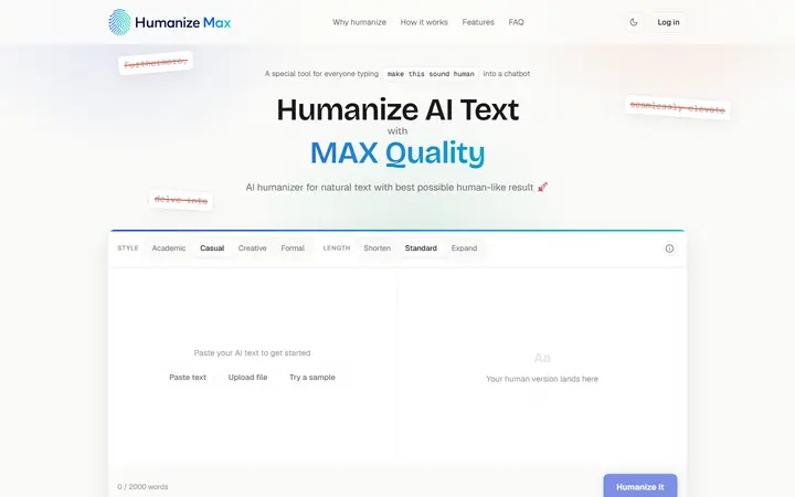Humanize Max AI company website homepage