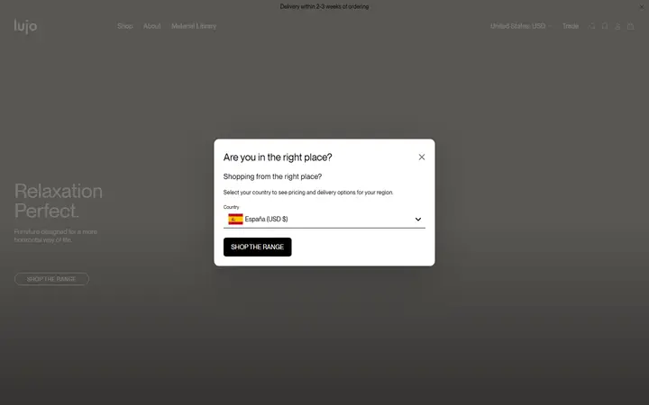 lujo furniture website homepage