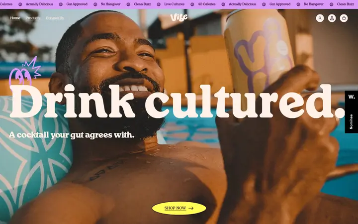 Vibe drinks brand website homepage